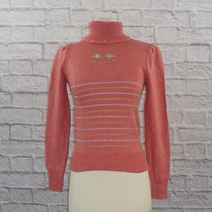Vintage 70s Floral Metallic Stripe Knit Ruffle Turtleneck Puffed Sleeve Sweater